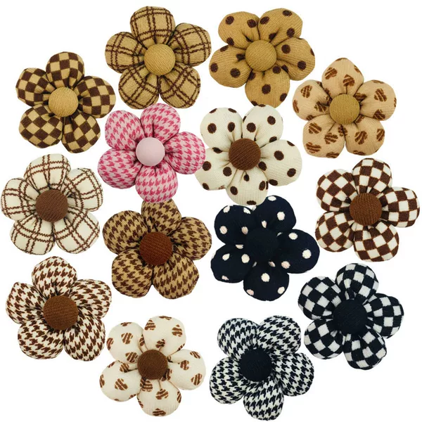 6cm Cotton Five-petal Flower Rice brown Printed Headwear Pet Accessories Flower with Buttons diy Three-dimensional Cotton Shoe Flower