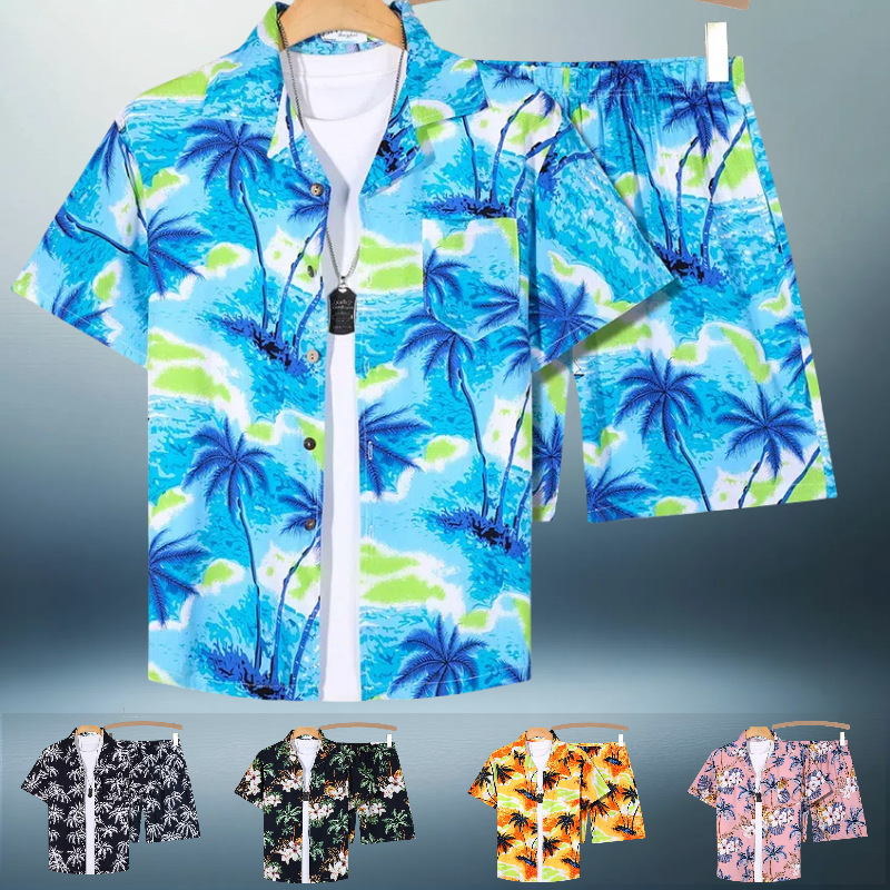 Summer Thin Full-Printed Shirt Set, Hawaiian Seaside Vacation Short-Sleeved Shirt and Beach Pants, a Complete Set of Trendy Items Summer Thin Full-Printed Shirt Set, Hawaiian Seaside Vacation Short-Sleeved Shirt and Beach Pants, a Complete Set of Trendy Items