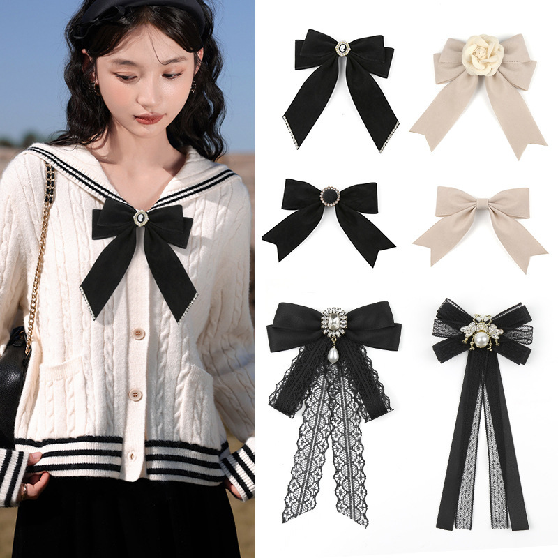 Camellia bow tie women's French collar bow brooch decorative shirt sweater Chanel style velvet pin decoration