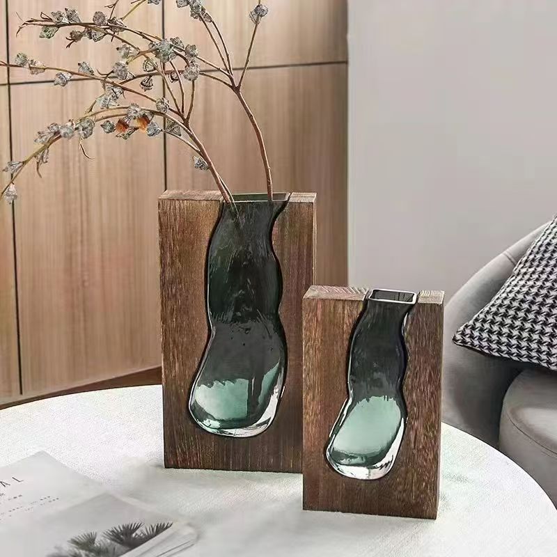 Nordic New Solid Wood Transparent Glass Vase Wholesale Home Designer Decoration Hotel Model Room Ornaments