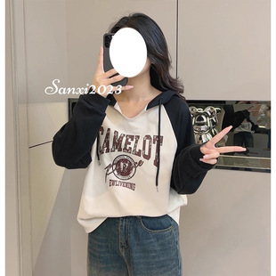 Trendy New Early Spring Belly-Covering Slimming Top Korean Style Casual Contrasting Color Printed Hooded Raglan Long-Sleeved Drawstring Sweatshirt