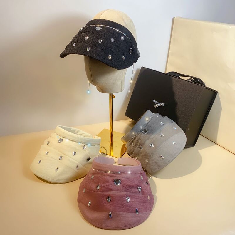 Summer new fashion Drill Strip flash drill hollow cap pleated mesh fairy wind sunshade beach sun hat tide