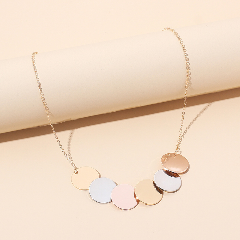 Fashion geometric round sequins contrast color copper necklace