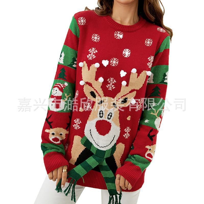 Cross-border foreign trade women's cute deer sweater LED light-up design loose pullover Christmas sweater for women
