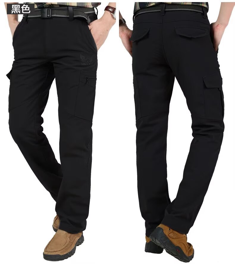 Pantalones de otoño e invierno para hombres, pantalones de asalto de montañismo de hombre con forro polar, impermeable y abrigo pantalones rectos elásticos con múltiples bolsillos nuevos