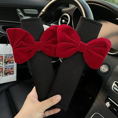 Shoulder Cover, Cute Bow Seat: Seat belt shoulder pad - big-red-bow-black-ice-silk-shoulder-pads-2-pieces