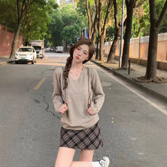 燕麦韩系V领针织衫女2025秋季新款软糯宽松毛衣内搭上衣打底衫