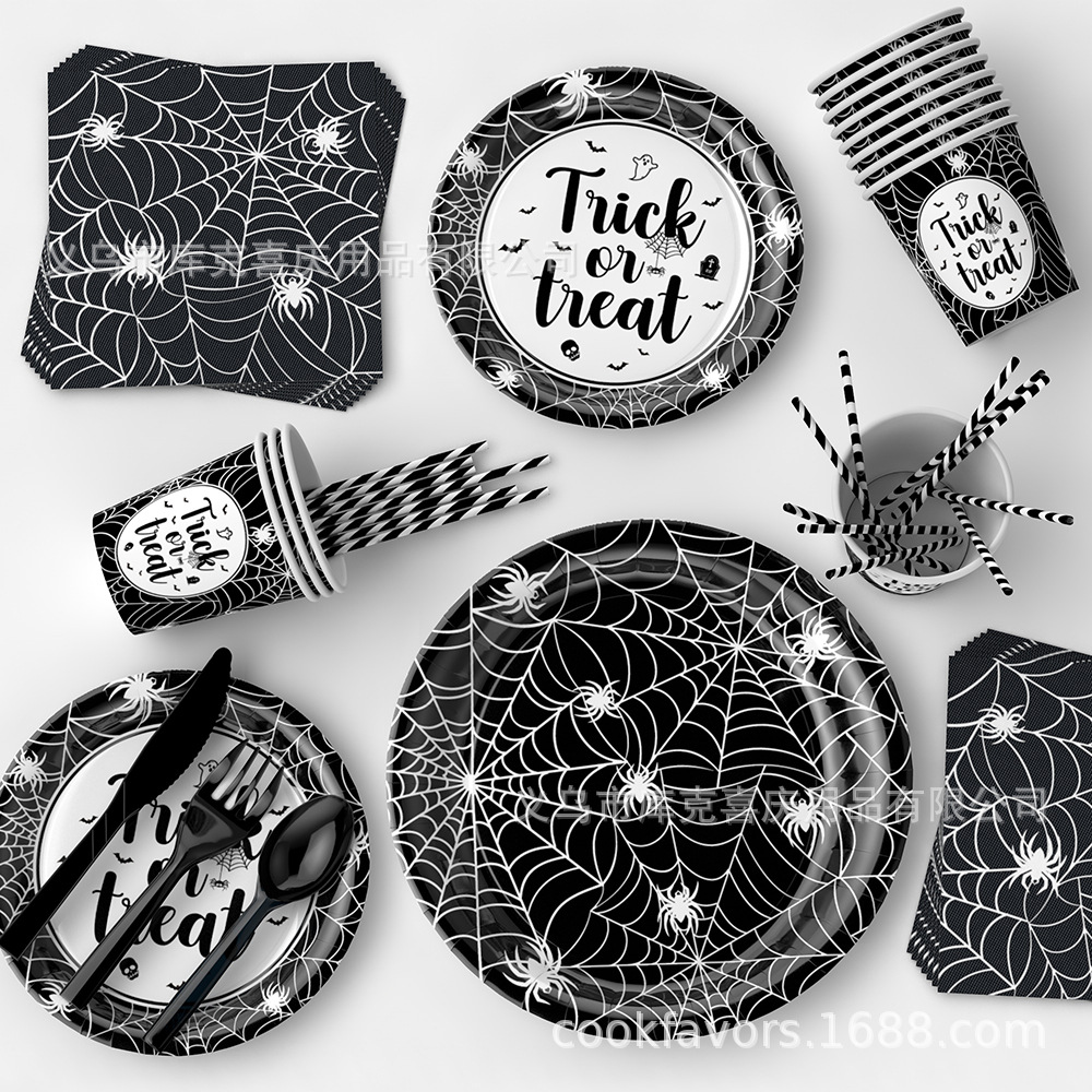 Decoración de fiesta de Halloween transfronteriza tela de araña bandeja de papel desechable taza de papel tabla set de decoración de bandera
