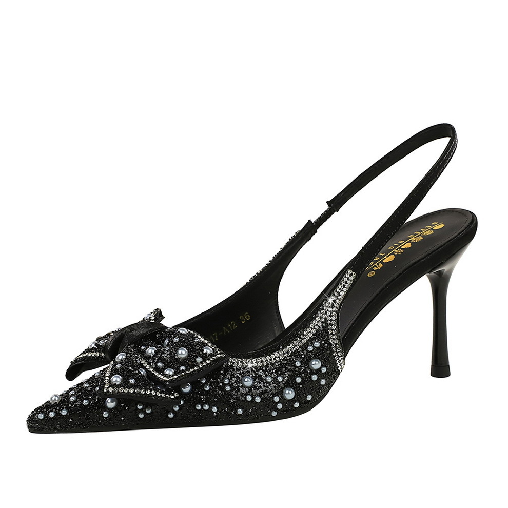 7317-AH99 French Sweet Style Sequin Beaded Bow High Heels Pointed Toe Backless Strap Women's Shoes_vogvips.com