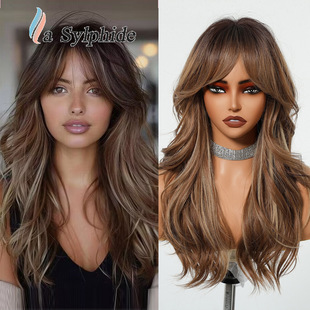 Wig Full Head Female Douyin Live Broadcast Brown Gold Gradient Rose Mesh Mechanism Eight-Character Bangs Fashionable Long Curly Hair