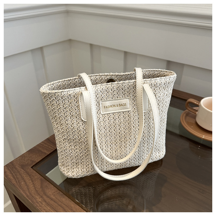 Storage Basket Bag, Rattan Handbag, Woven Shoulder Bag, Handmade Natural Rattan & Seagrass, Leather Trim, Eco-Friendly, Lightweight, Durable For Daily_voghion.com