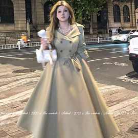 大码女装胖mm秋冬微胖设计感大翻领双排扣系带风衣淑女气质风衣裙