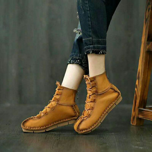 First-Layer Cowhide High-Top Soft-Soled Ethnic Style Women's Shoes Genuine Leather Flats-Soled Casual Mom's Shoes Retro Handmade Cowhide Shoes for Women