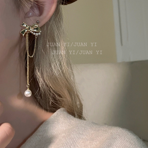 925 silver needle pearl bow tassel earrings Korean sweet temperament earrings fresh design fashionable earrings