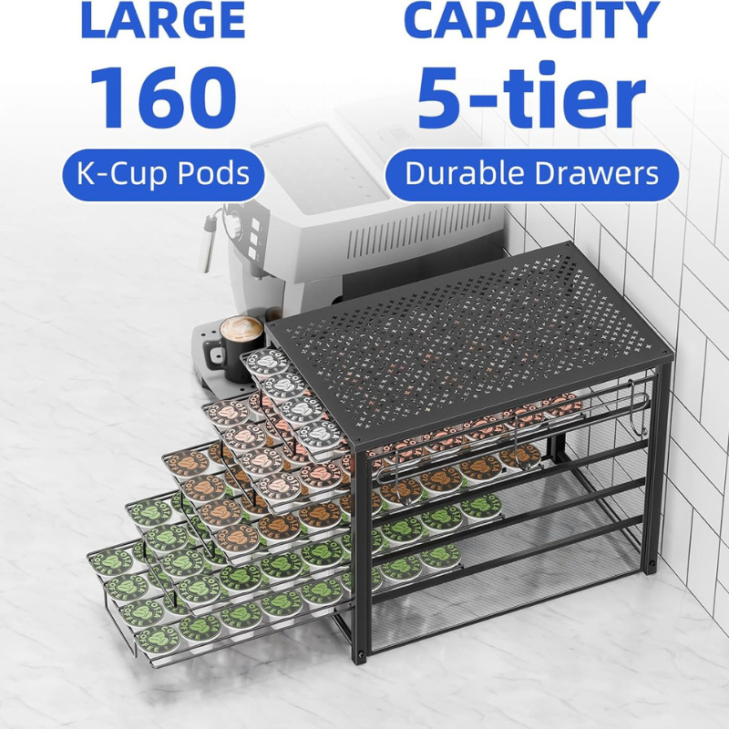 Estante de almacenamiento estratificado de 5 capas de caja de almacenamiento de cápsulas de café de hierro forjado simple con estante de gancho de taza