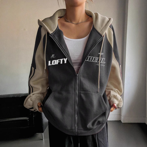 Spot 2026 autumn and winter fashionable American splicing color contrast ins simple personality hooded loose hooded hooded sweater coat wholesale