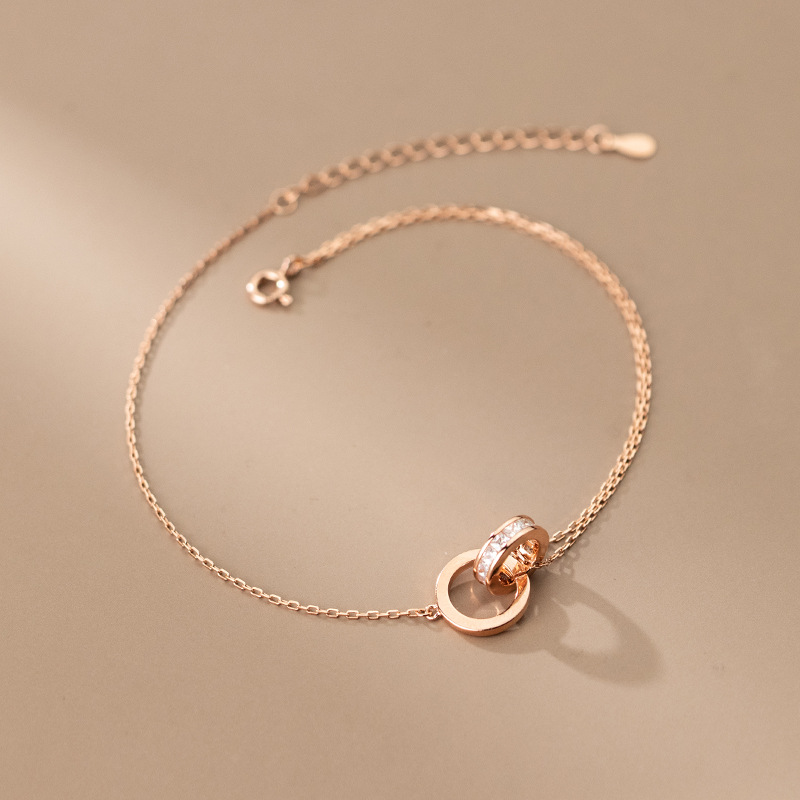 Eloch s925 plata de diamantes de doble anillo pulsera coreana pequeña fresca simple ajustable joyas de pie de mujer S4754