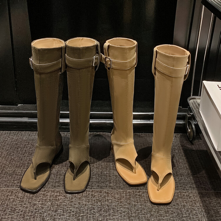 Boot nữ cổ cao ôm bắp chân da thật phong cách miền Tây — mơ, nâu chi tiết 58