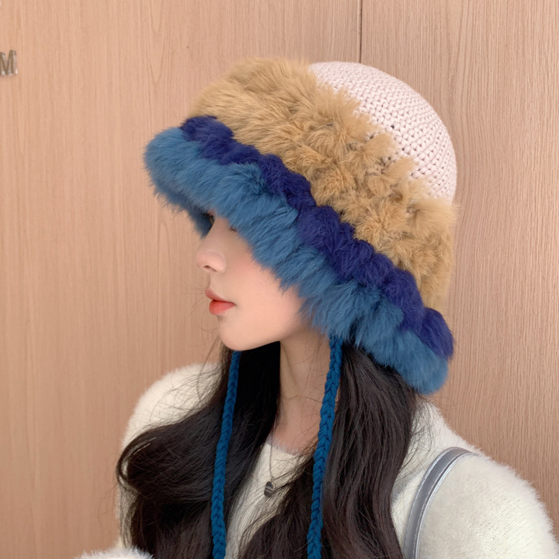 Cappello lavorato a maglia in pelo di coniglio per donna in autunno inverno, cappello in lana calda patchwork, versione coreana, peluche dolce e carino_voghion.com