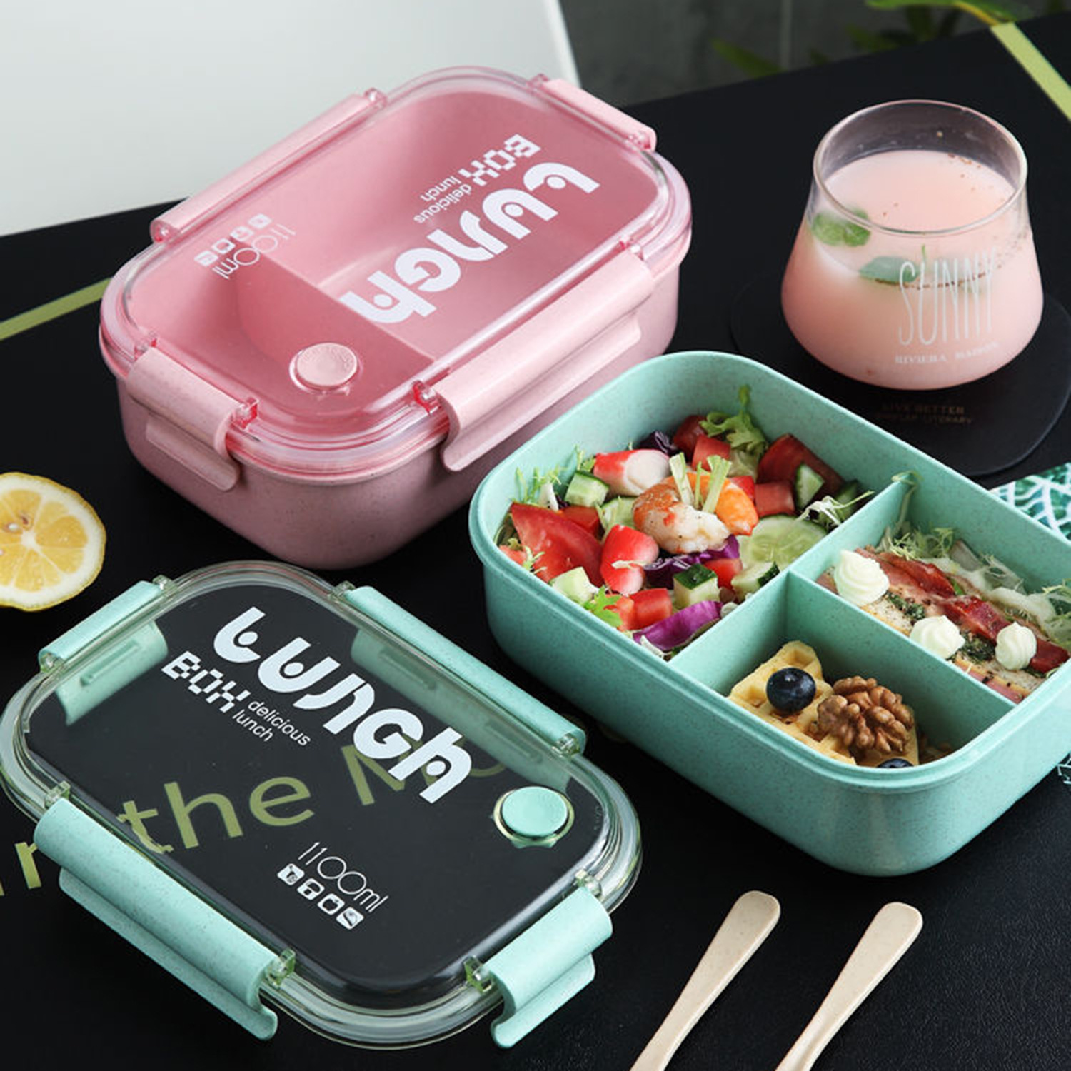 1100ml长方形塑料小麦秸秆单层双分格学生午餐便当密封饭盒带餐具