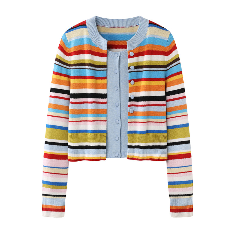 In Stock 26 Autumn New Women's Dopamine Rainbow Striped Double-Breasted Faux Two-Piece Knitted Cardigan Rk92801432