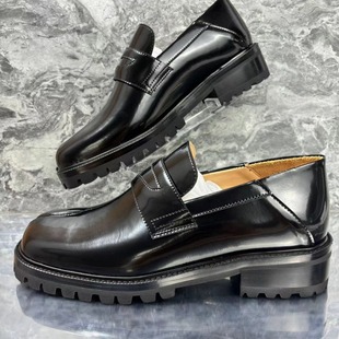 New Mm6 Handmade Shoes Tabi Split-Toe Loafers Lace-Up Derby Shoes Mid-Heel Small Leather Shoes Women's Pig's Trotter Shoes Thick Soles