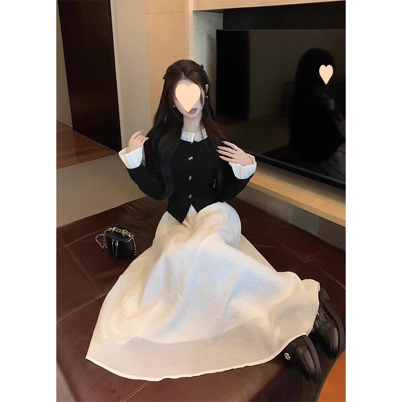 温柔风假两件连衣裙女春秋2025新款法式高级感气质收腰显瘦长裙子