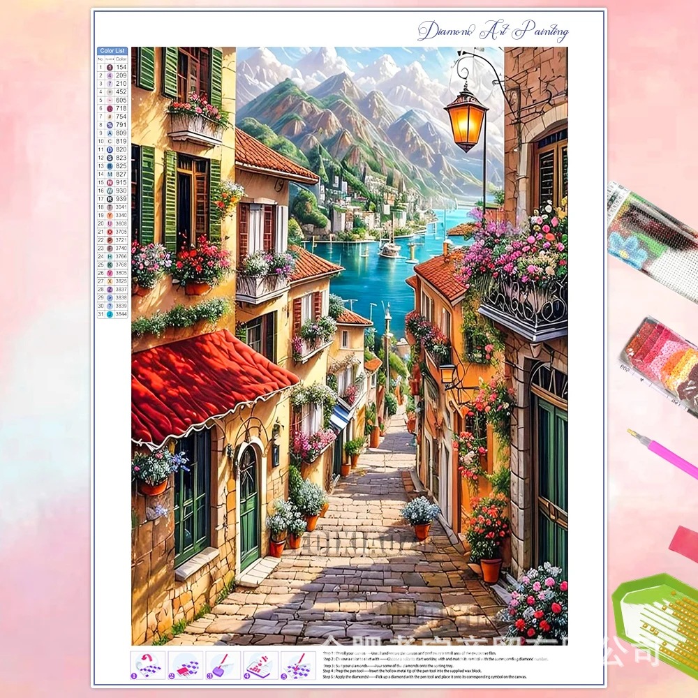 Venta caliente transfronteriza dibujos animados ciudad de bricolaje casa paisaje lleno de diamantes sala de estar dormitorio decoración pegatinas fabricante de pintura de diamantes