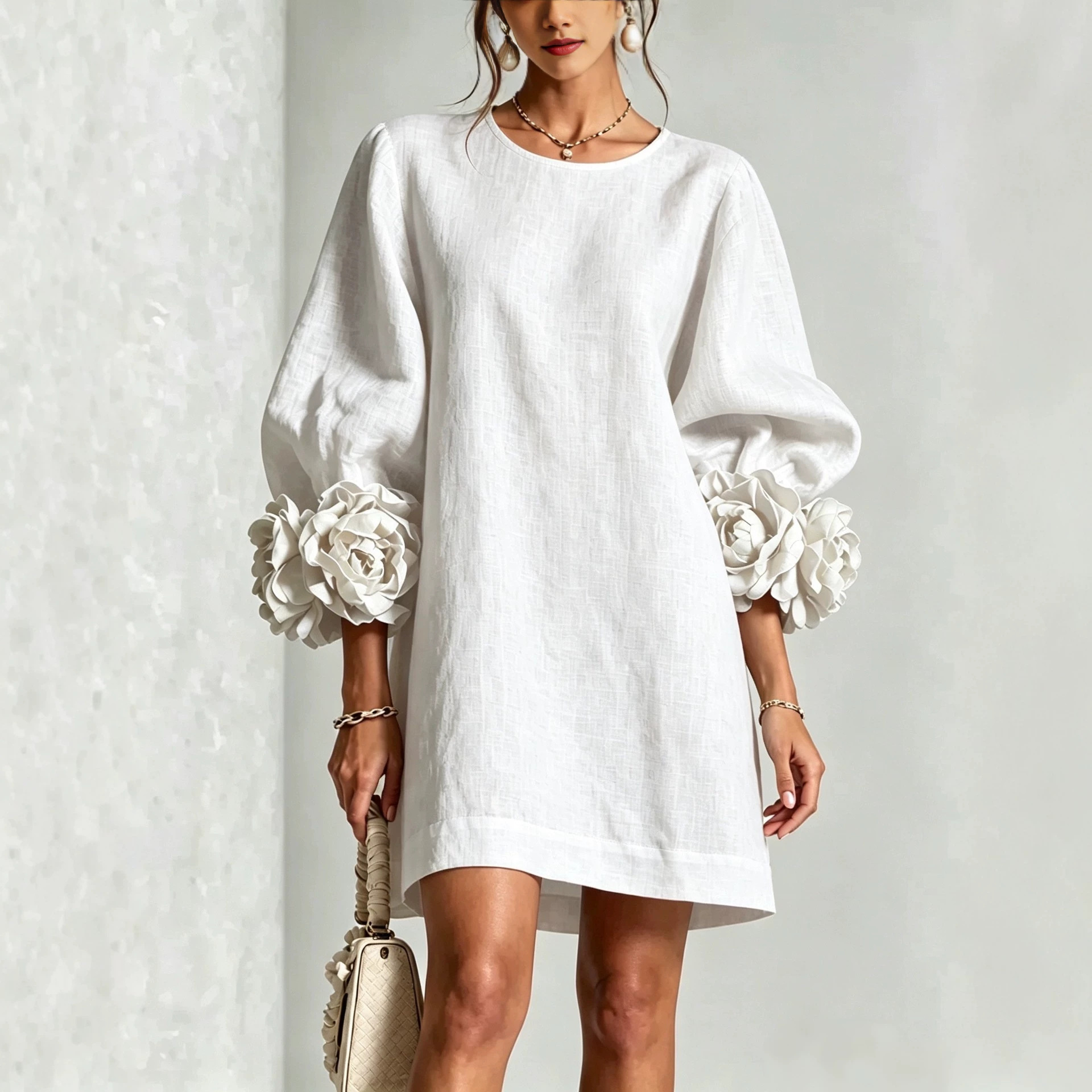 2026 Cross-border Amazon Autumn Collection: European and American Independent Brand Fashion Women's French-Style Three-Dimensional Floral Lantern Sleeve Dress