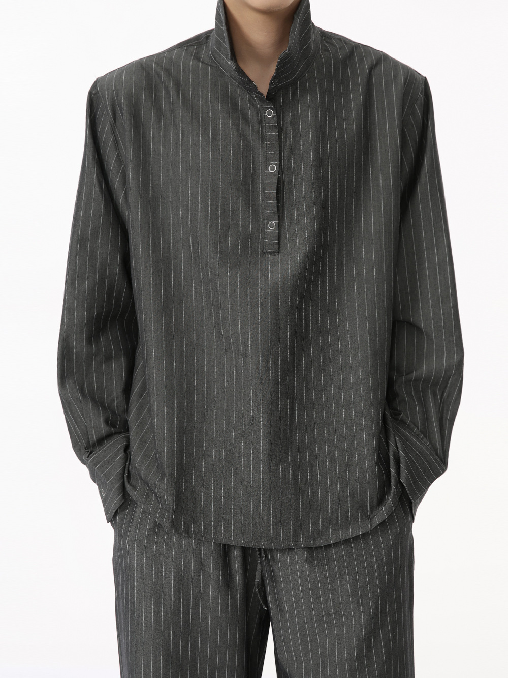 MTLCLOTHES Hombres| Camisas de cuello vertical a rayas coreanas, pantalones largos sueltos, moda de traje casual