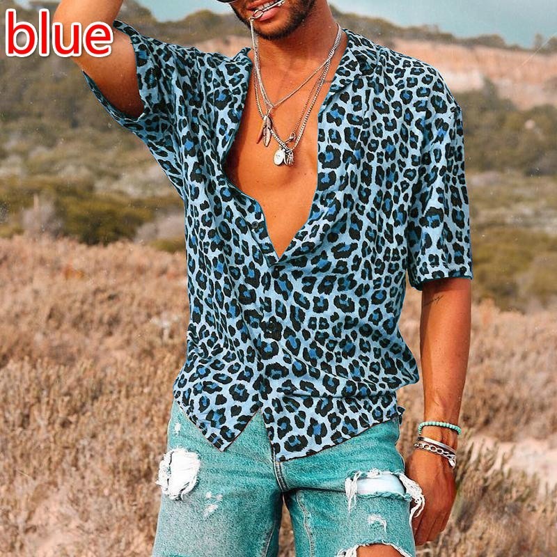 Camisa de manga corta con estampado de leopardo de moda para hombres de estilo europeo y americano 2023 Verano nueva camisa casual Top moda de comercio exterior transfronterizo