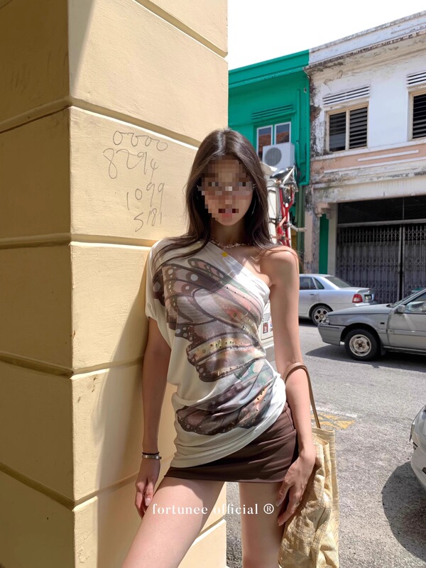 260g 1*1 Custom Cut Summer New Butterfly Wing Print Sequin Asymmetrical Shoulder Top for Women with a Designed Waist