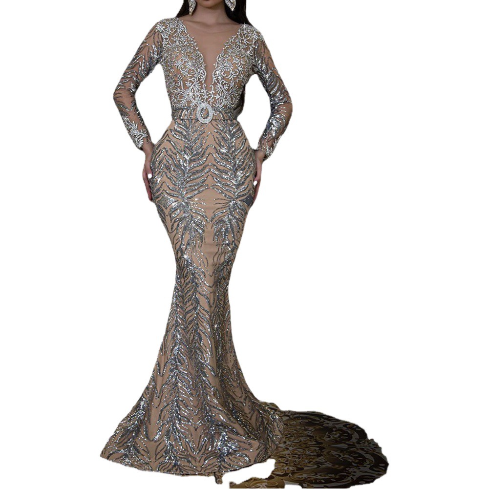 Vestido Largo Sexy Ajustado de Manga Larga con Lentejuelas Doradas, Estilo Europeo y Americano, Novedad de Primavera 2025