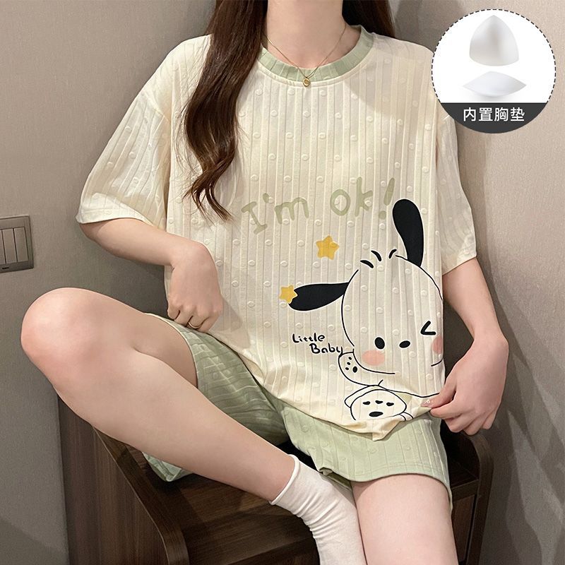 Venta al por mayor transfronteriza con almohadilla para el pecho pijamas niñas verano dibujos animados dulce estudiante pantalones cortos de manga corta traje ropa suelta para el hogar