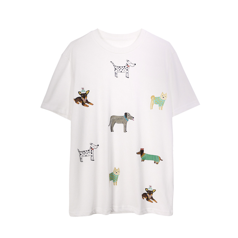 ユニティモード漫画犬プリントtシャツ女性夏半袖白墨熱絵プリント白大衆上着