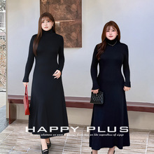 莱卡针织收腰A字高领连衣裙润其N9429大码打底长裙曼妙曲线小黑裙