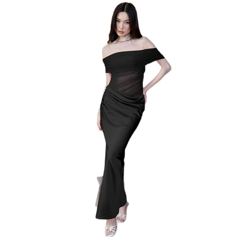 2025 nuevo producto de verano europeo y americano de ropa de mujer puro deseo de un hombro sexy de malla transparente vestido de empalme para mujeres image 6