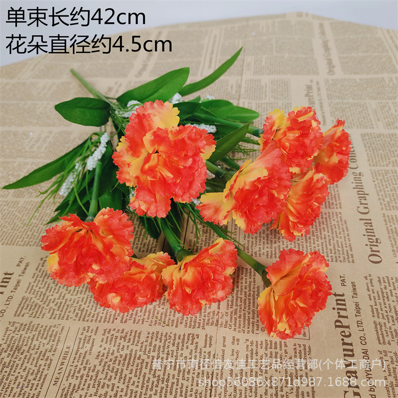 Ramo de simulación de clavel Flores falsas Flores de seda Flores secas Decoración de la sala de estar Decoración de la mesa de comedor Flores decorativas Plástico Día de la madre