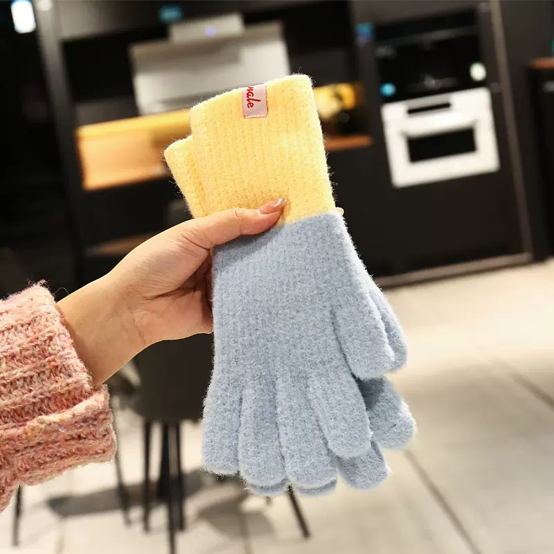 蓝色针织毛绒手套女冬季2025新款加绒保暖骑行加厚防寒分指可触屏