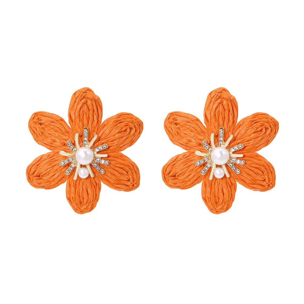 1 Paire Décontractée Fleur Raphia Strass Boucles D'Oreilles display picture 5