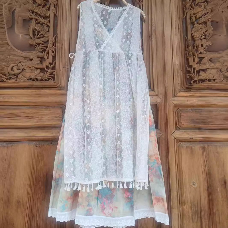 New Lace Blouse dress Two-Piece Ink Flower Western Xinjiang Travel Style Summer Slim Dress