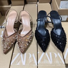 西班牙ZA2025夏季新款名媛气质高跟鞋串珠亮片饰包头网面细跟凉鞋