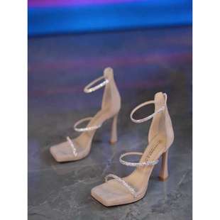 French Banquet Style Back Zipper Rhinestone Thin Strap High Heels Summer Square Toe Bag Heel with Skirt Fashion Sandals Women's Shoes