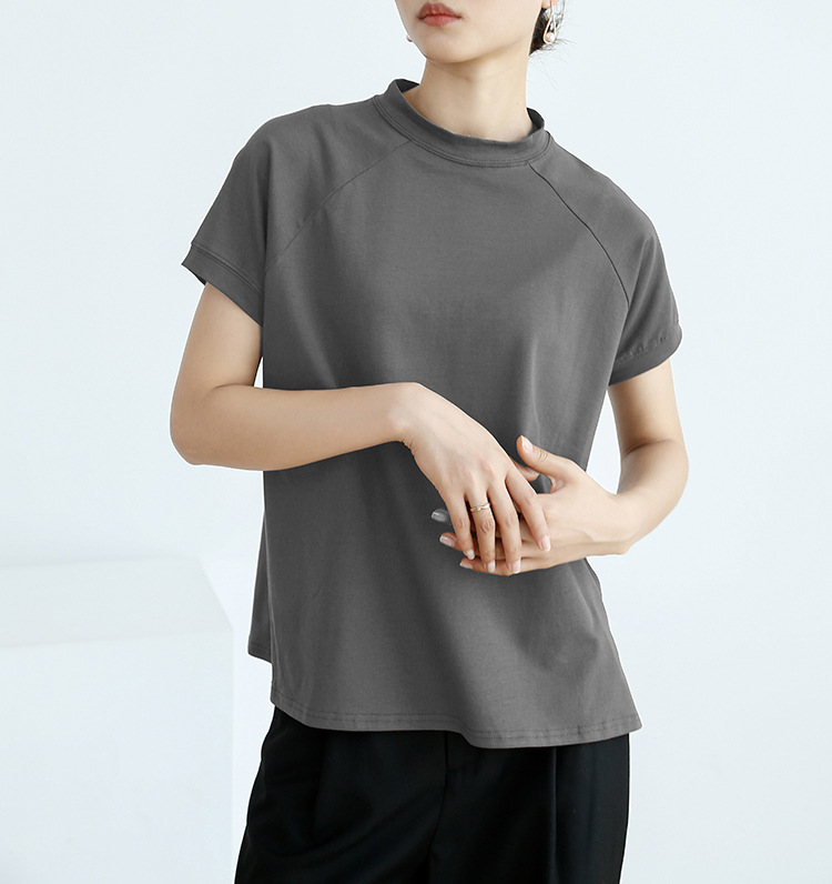 Summer Cotton Solid Color Short Sleeve Women T Shirt French Pullover Women Side Slit
