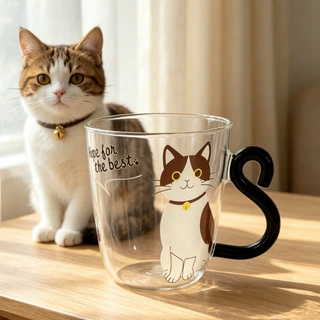 日系卡通猫咪玻璃马克杯 黑色猫尾造型把手 可爱印花牛奶茶饮杯子