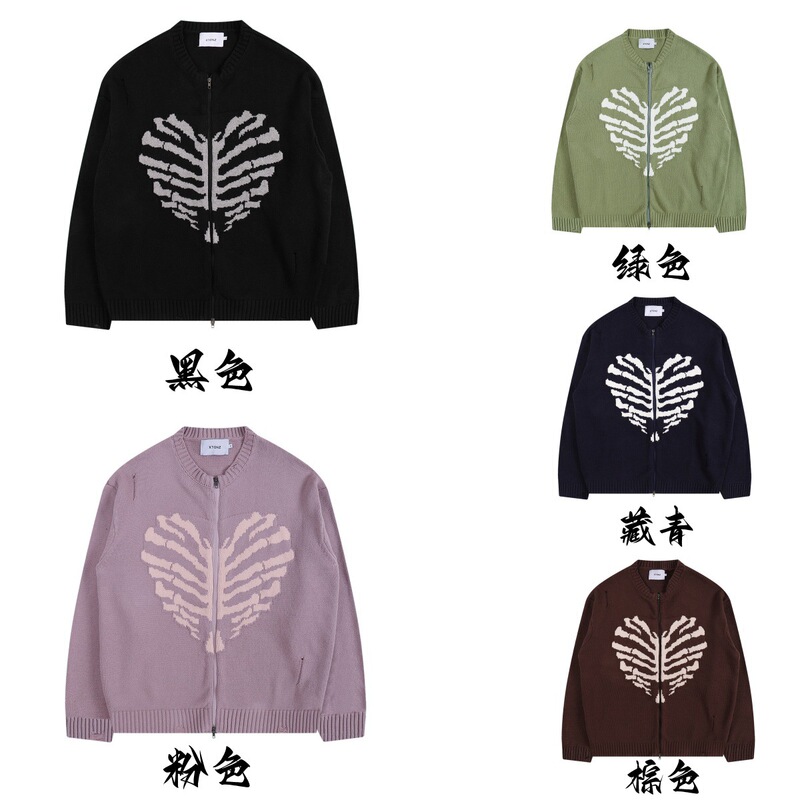 25Ss Korean Xtonz Niche Trendy Brand Korean Dongli Star Style Skull Heart Hole Zipper Sweater for Men and Women