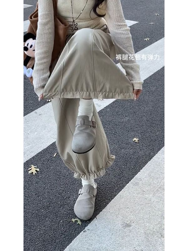 高腰花苞阔腿休闲裤女2025秋季新款显瘦小个子休闲宽松九分灯笼裤|undefined