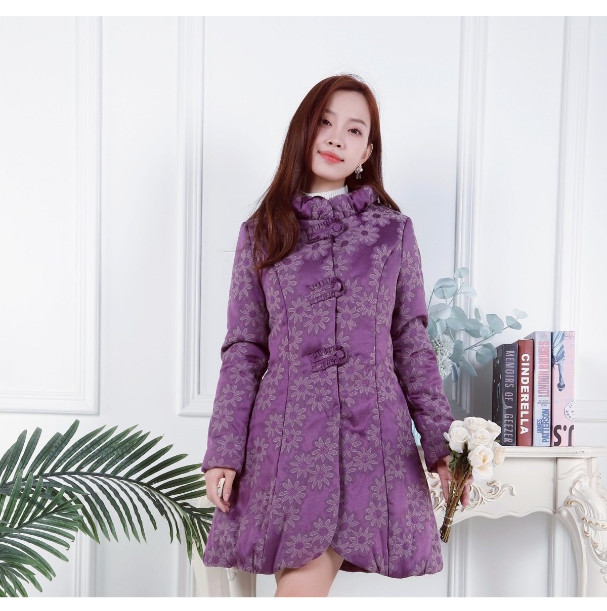 冬装新款休闲印花修身显瘦中长款棉衣棉服外套 云容