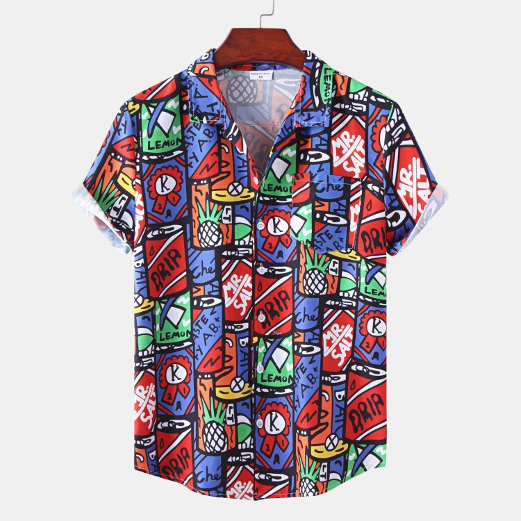 3D Printed Summer Vacation Seaside Hawaiian Style Geometric Letter Loose Cuban Collar Shirt Short-Sleeved Men's