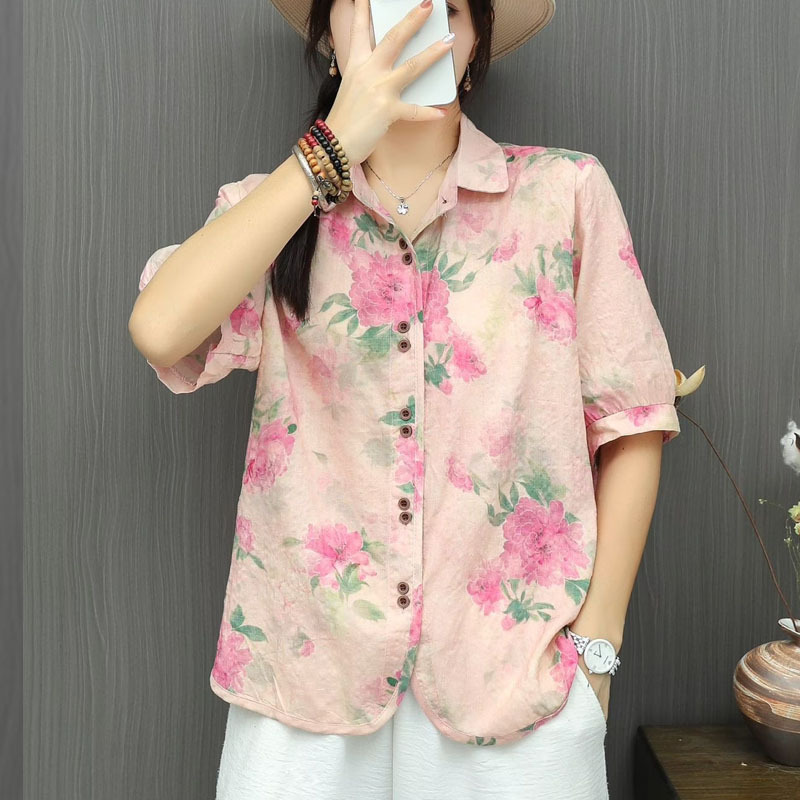 New Summer Thin Loose Literary Retro Style Cotton and Linen Cardigan Printed Lapel Short-Sleeved Shirt Versatile Shirt for Women